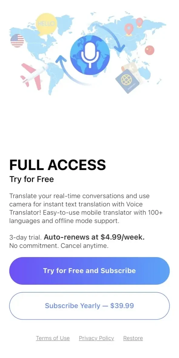 Voice Translator paywall screen