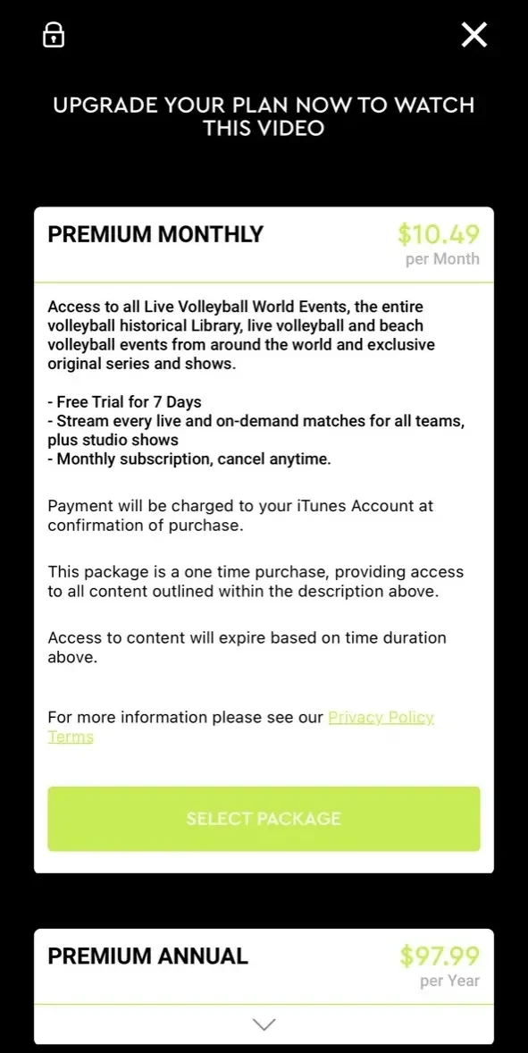 Volleyball TV paywall screen