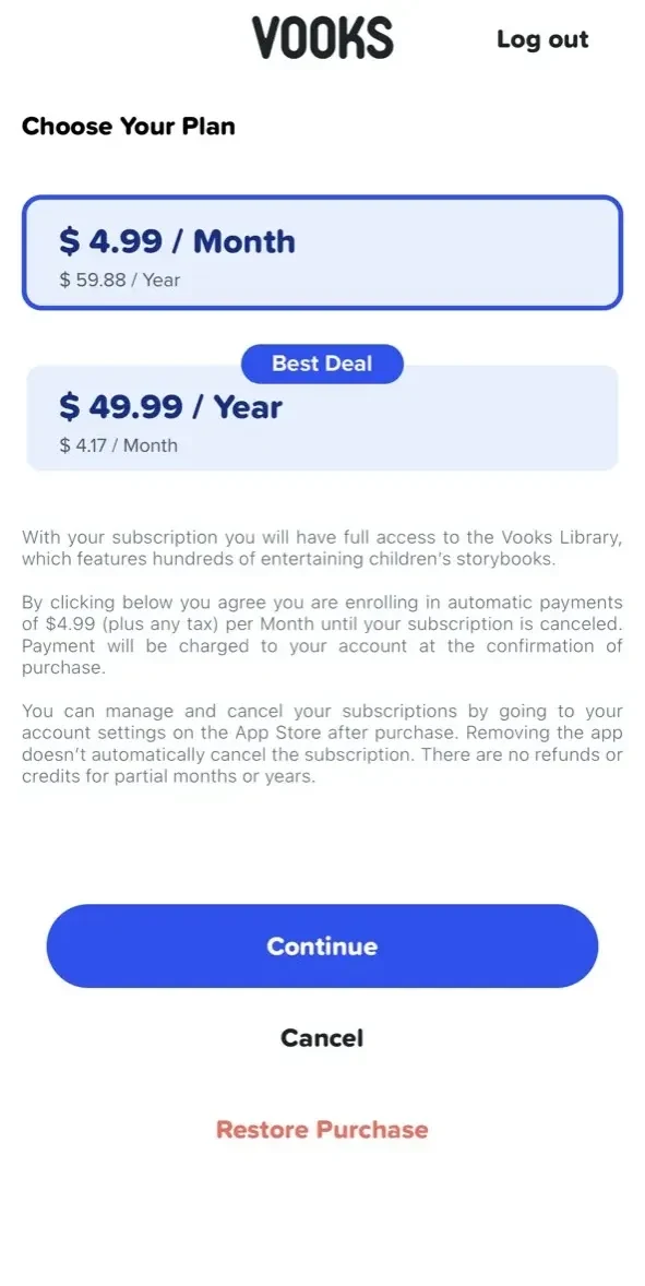 Vooks: Read paywall screen