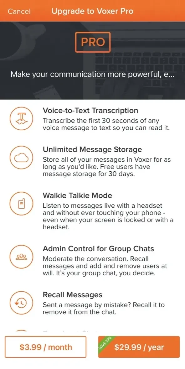 Voxer Walkie Talkie Messenger paywall screen