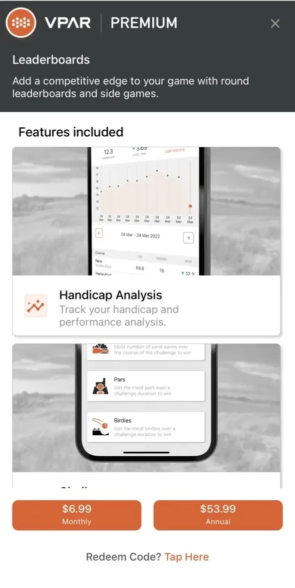 VPAR Golf GPS paywall screen