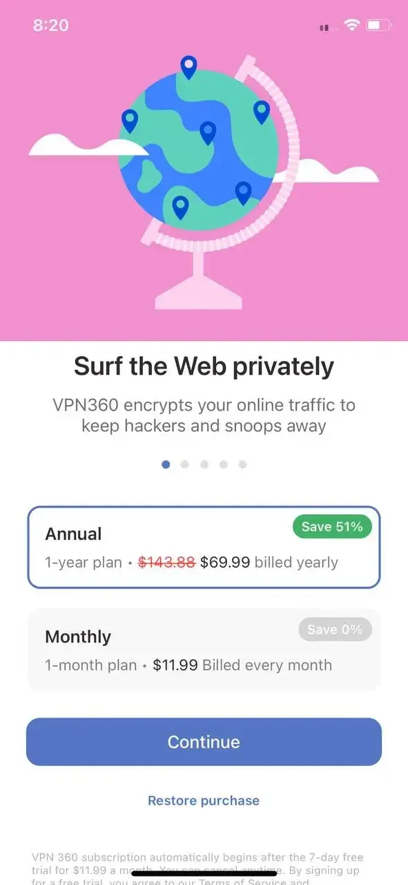 Super VPN 360 paywall screen