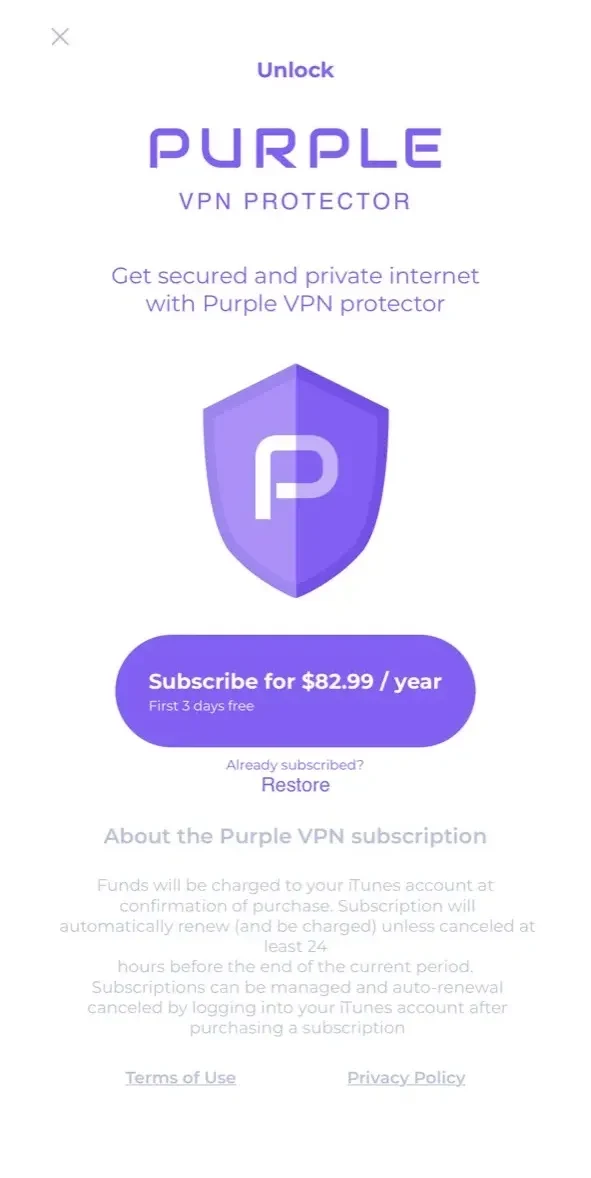VPN Adblock Purple paywall screen