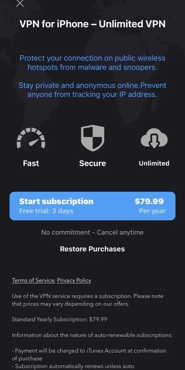 VPN for iPhone paywall screen