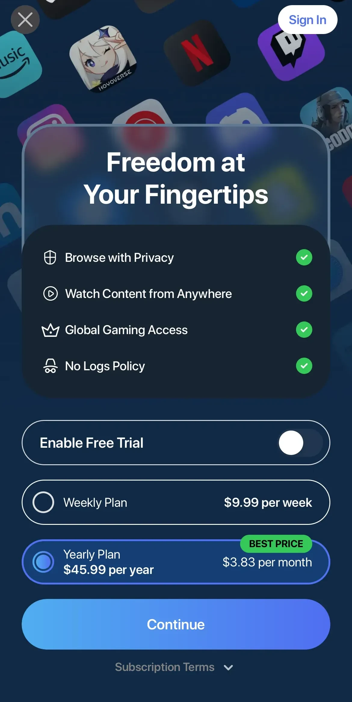 VPN Lumos paywall screen