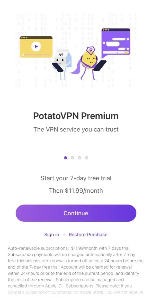 VPN Potato paywall screen