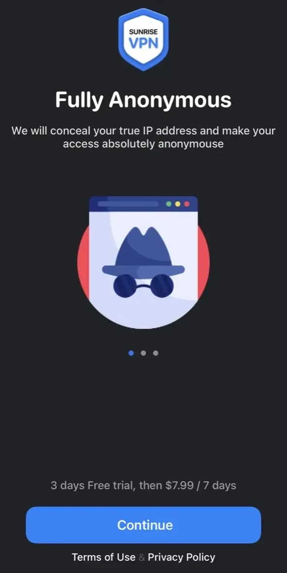 VPN Sunrise paywall screen