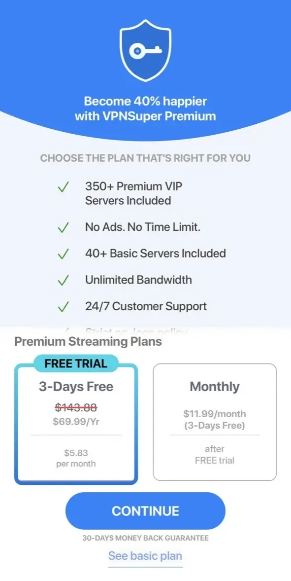 VPN paywall screen