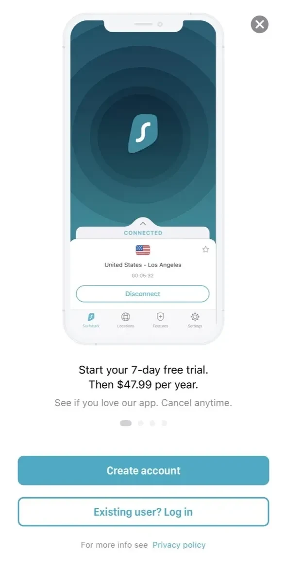 Surfshark VPN paywall screen