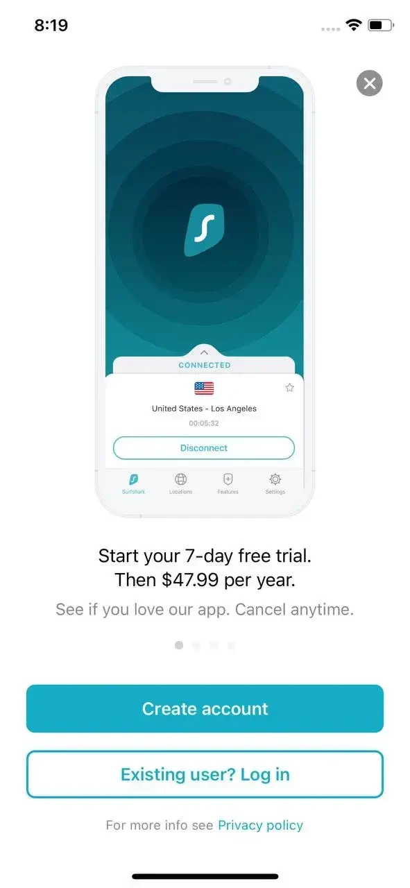 Surfshark VPN paywall screen