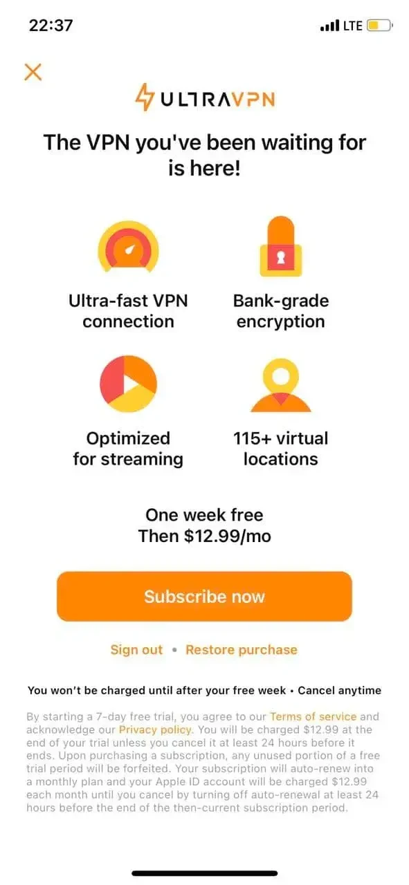 VPN Secure Proxy paywall screen