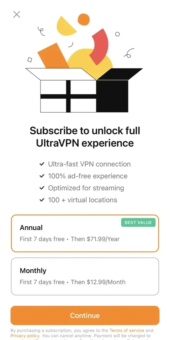 VPN Secure Proxy paywall screen