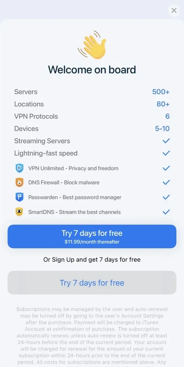 KeepSolid VPN Unlimited paywall screen