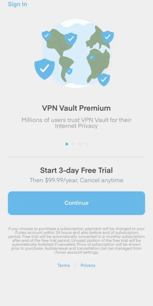 VPN Vault paywall screen