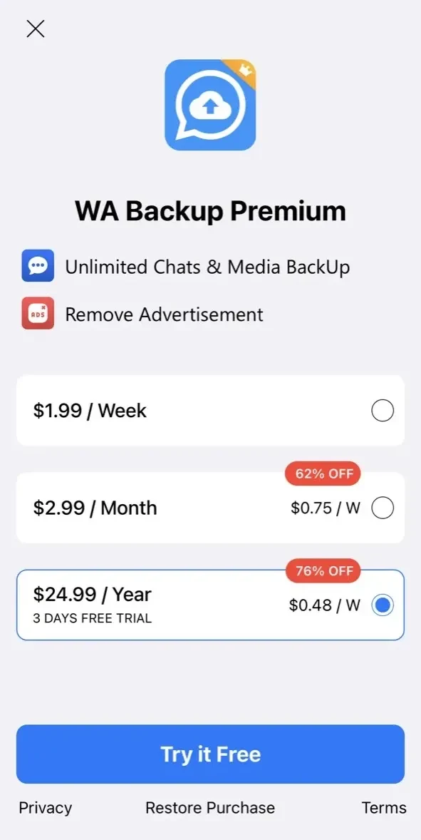 WA Chat Backup Restore Delete paywall screen