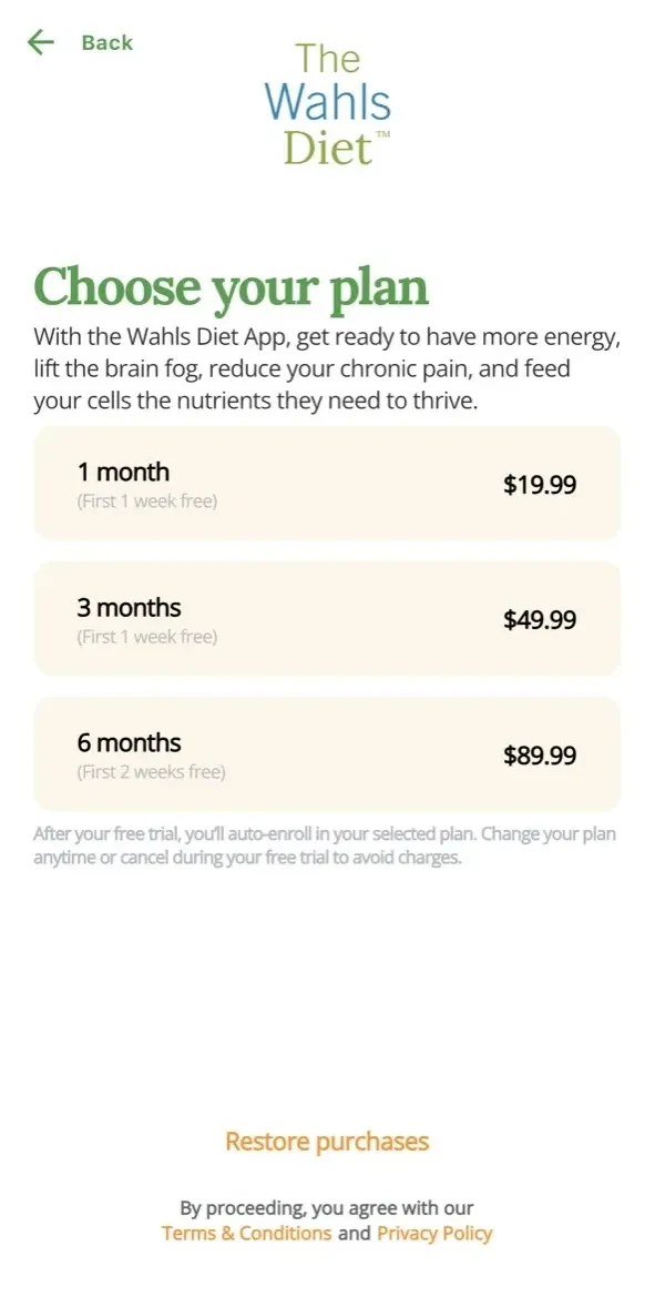 Wahls Diet App paywall screen