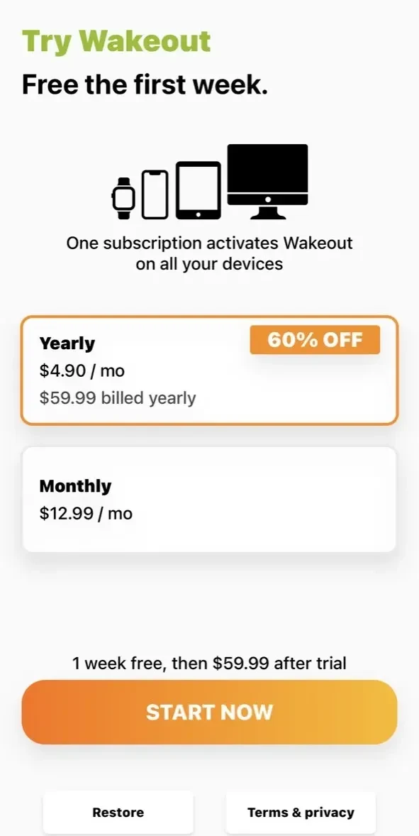 Wakeout paywall screen