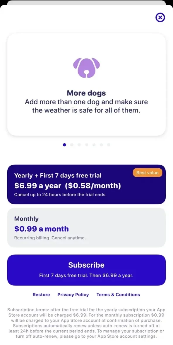Walkies Weather paywall screen