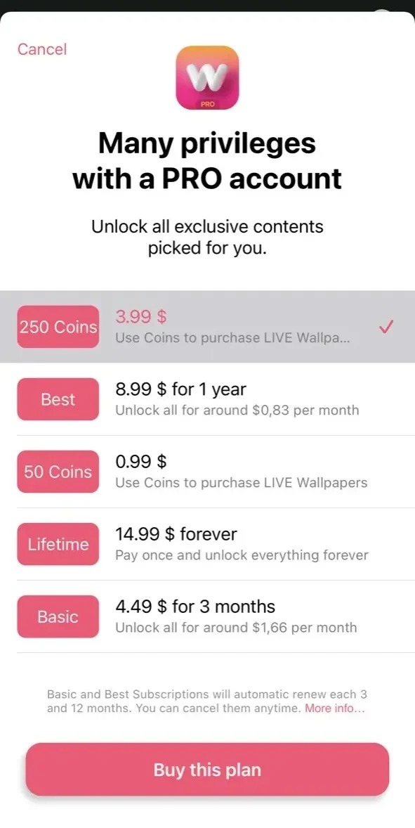Wallpapers Central paywall screen