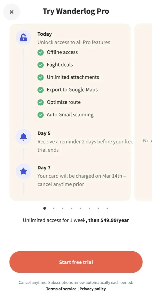 Wanderlog paywall screen