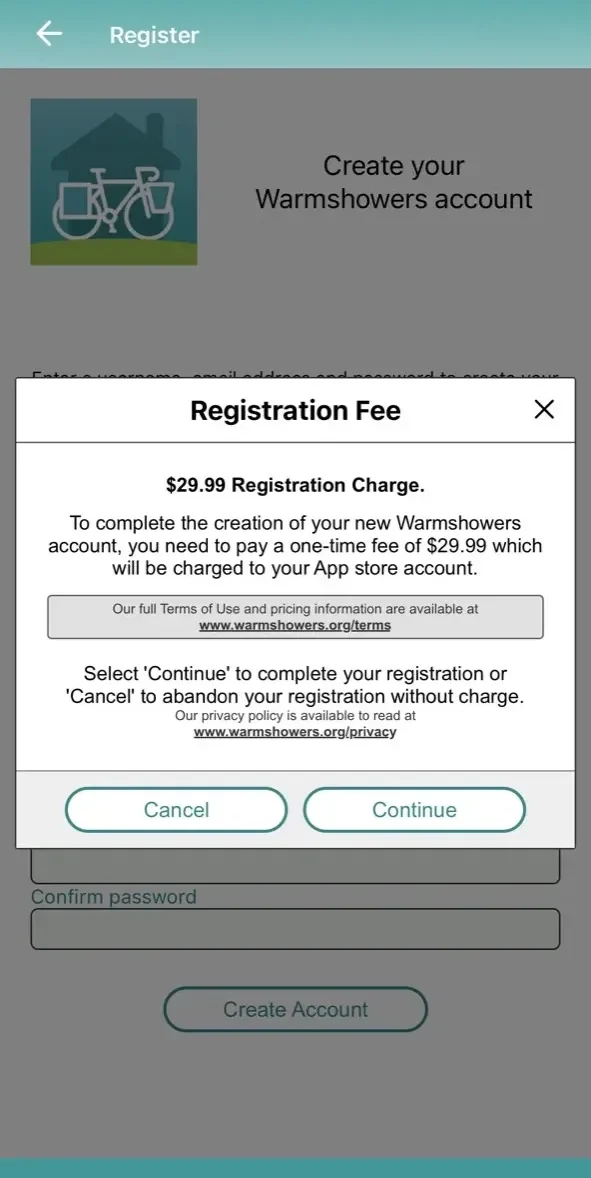 Warmshowers App paywall screen