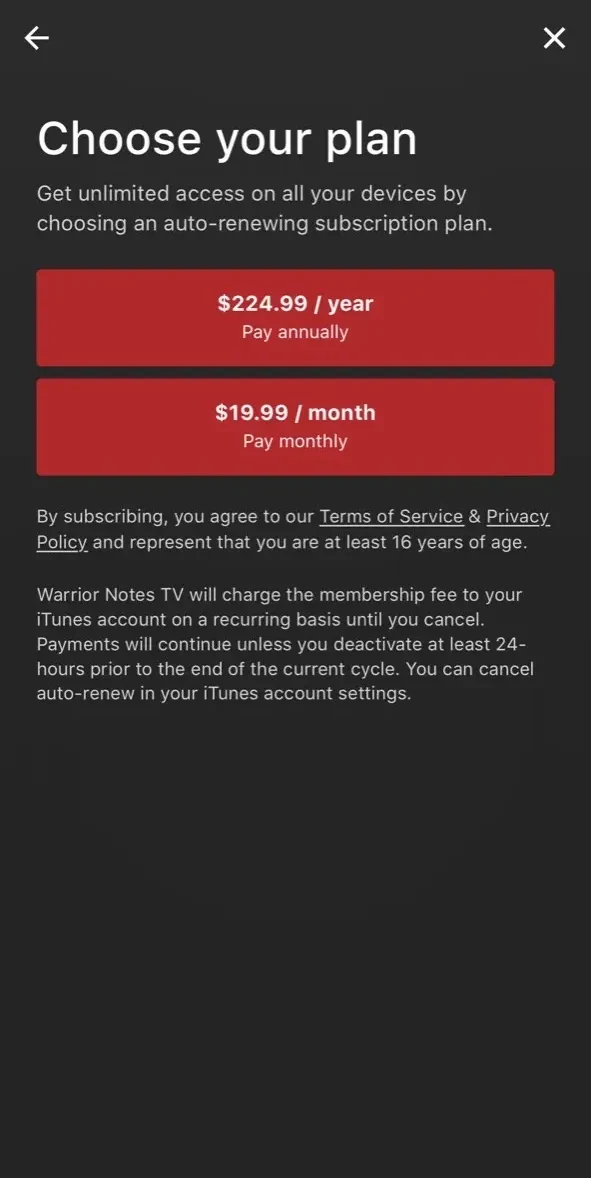 Warrior Notes TV paywall screen