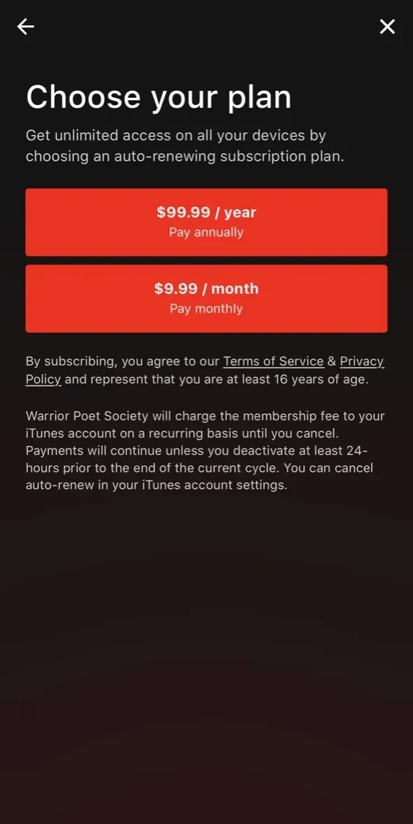Warrior Poet Society Network paywall screen
