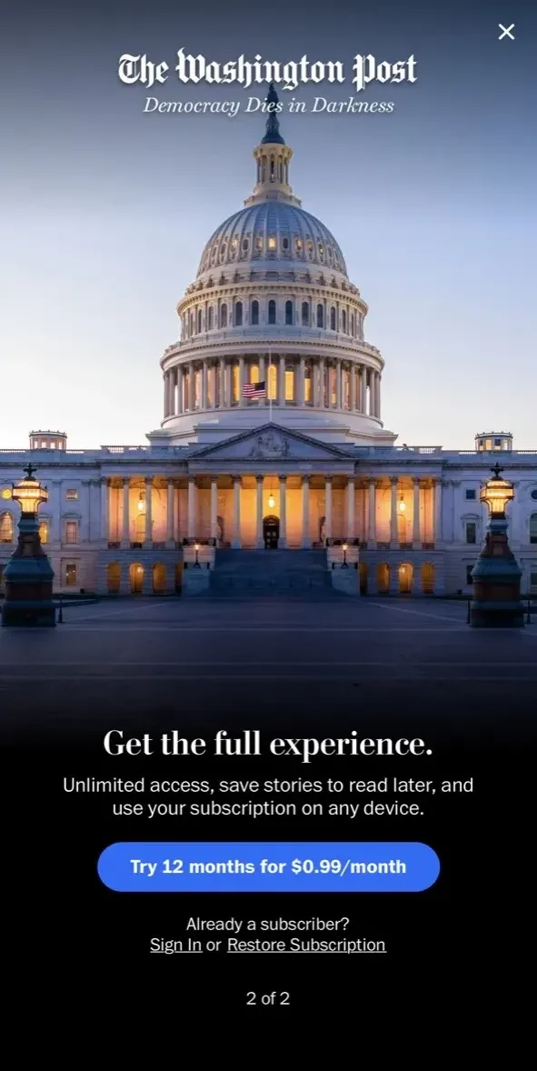 Washington Post paywall screen