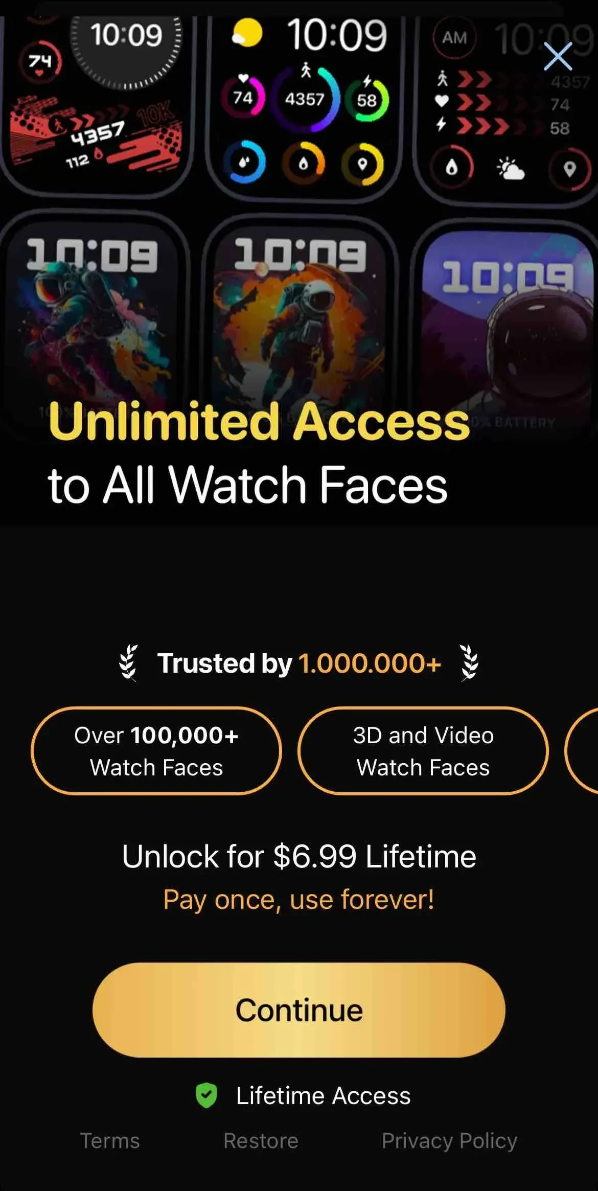 Watch Faces paywall screen