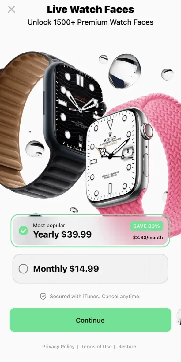 Watch Faces Live paywall screen