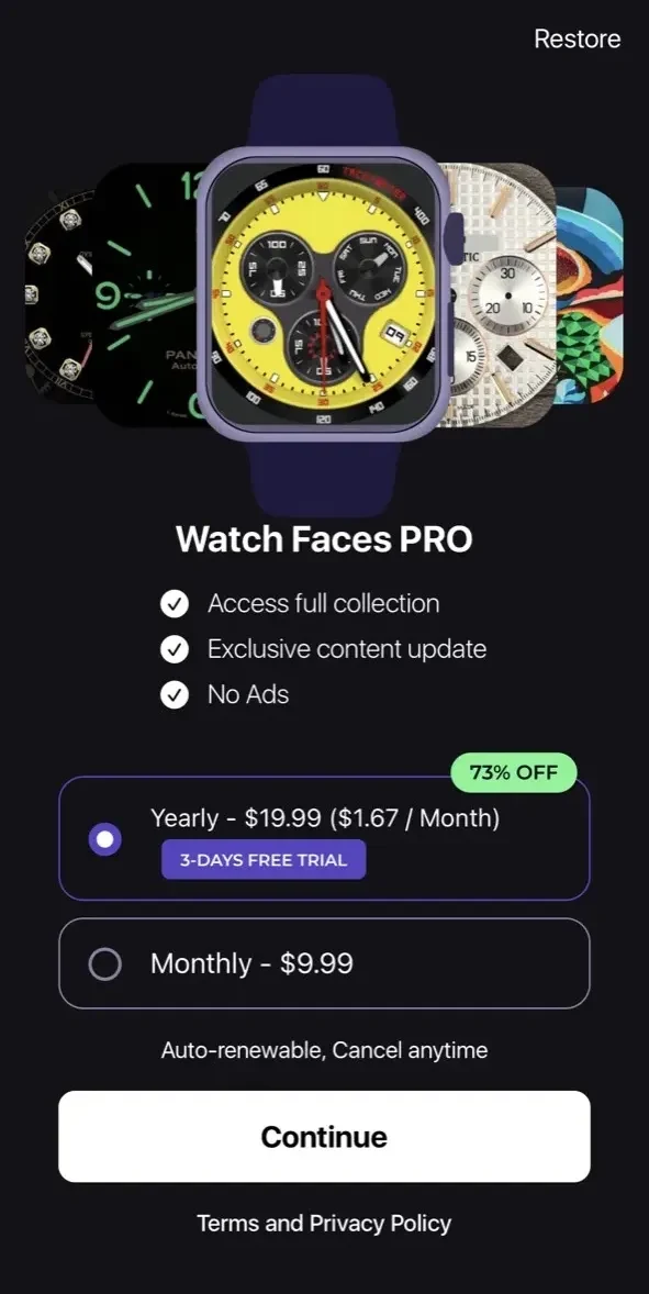 Watch Faces paywall screen