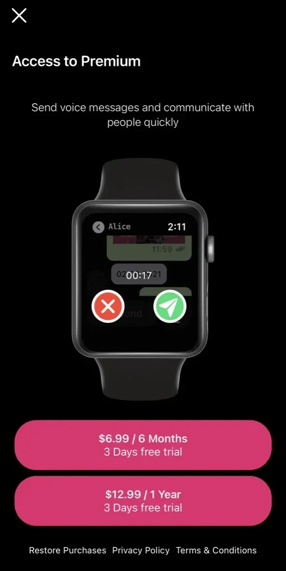 WatchsApp paywall screen