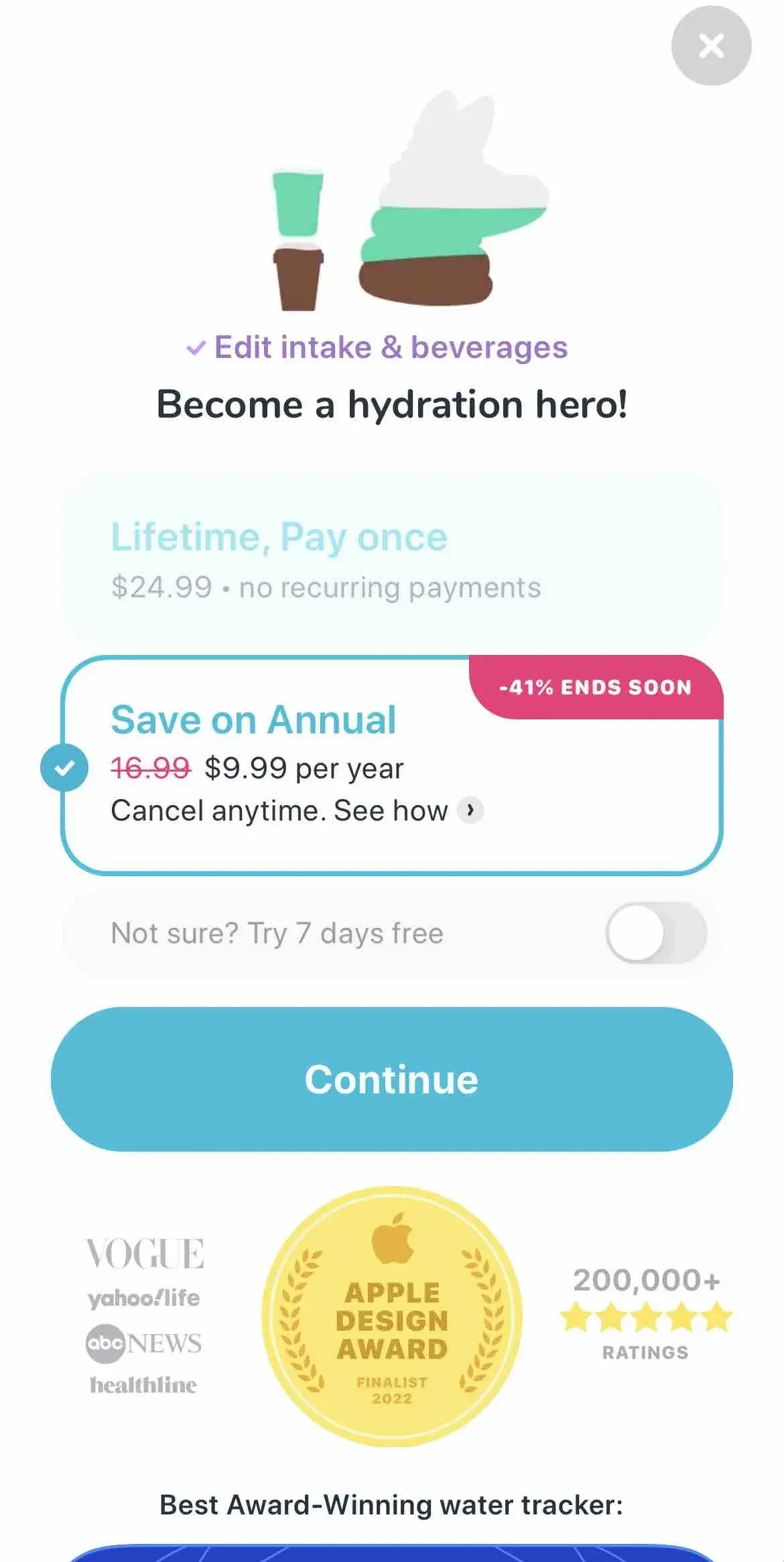 Water tracker Waterllama paywall screen