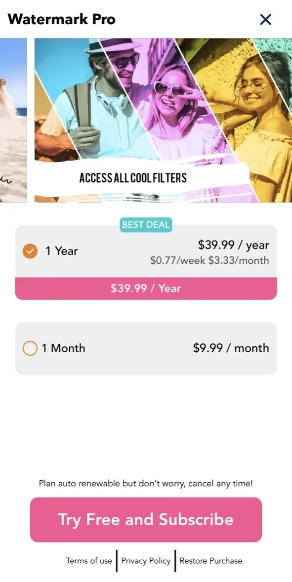 Watermark paywall screen