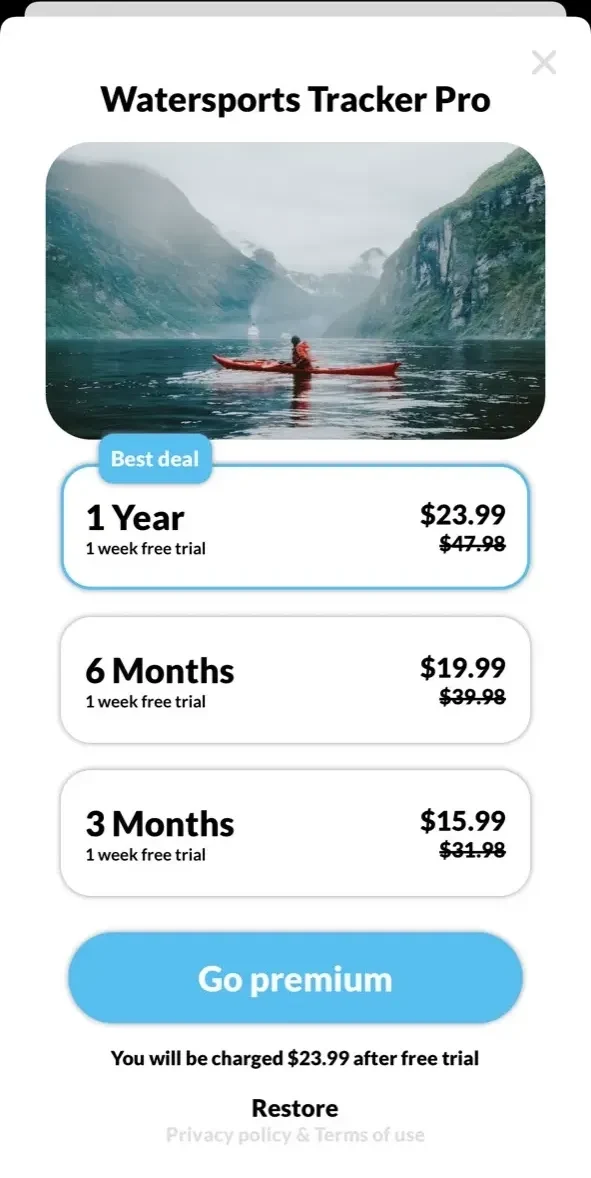Watersports Tracker paywall screen