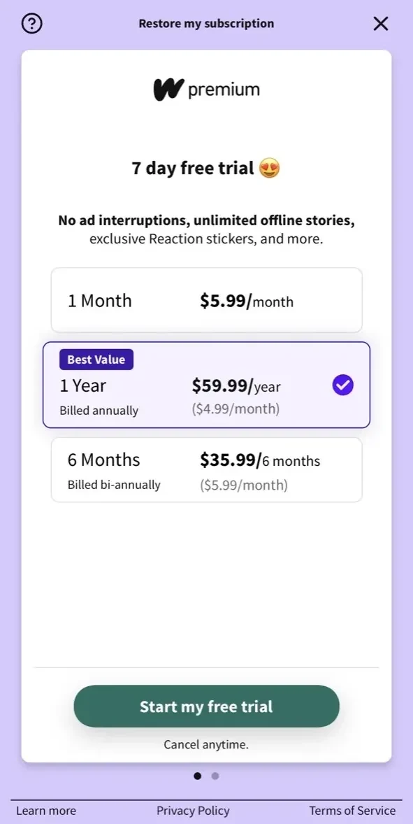 Wattpad paywall screen