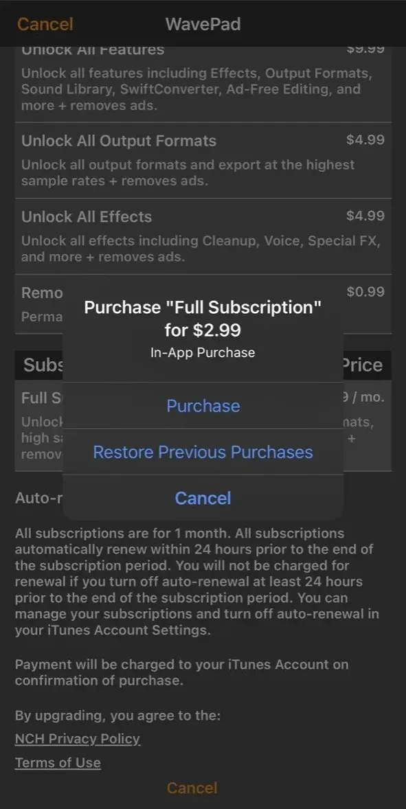WavePad Music paywall screen
