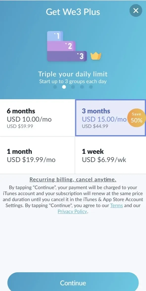 We3 paywall screen