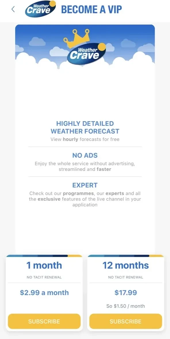 Weather Crave paywall screen