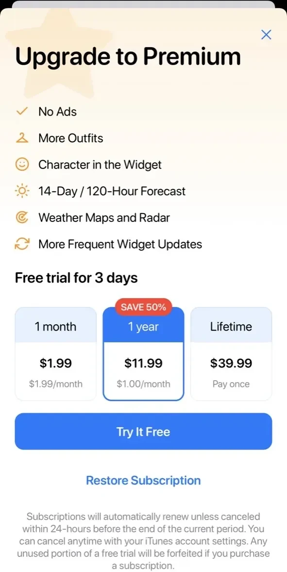 Weather Fit paywall screen