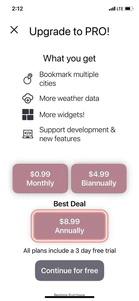 Weather Forecast App WeatherGo paywall screen
