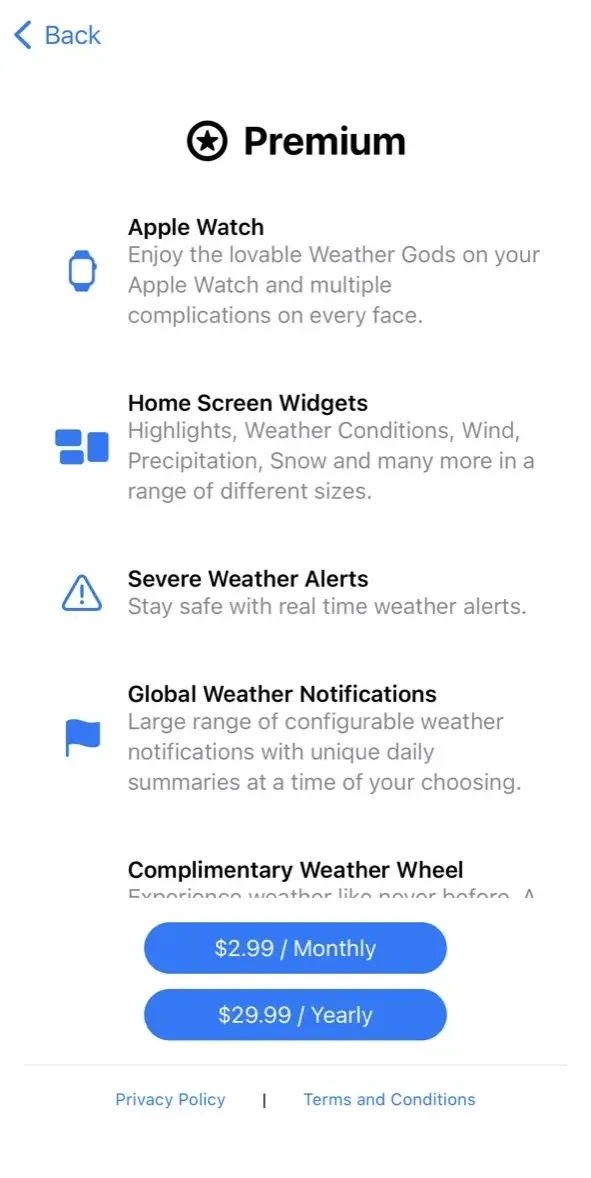Weather Gods paywall screen