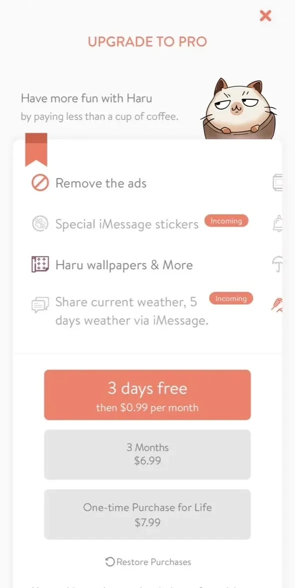 Weather Haru paywall screen