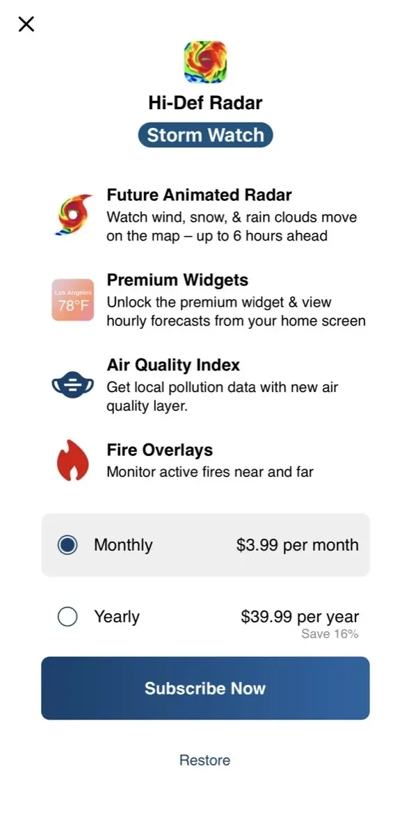 Weather Hi-Def Radar Forecast paywall screen
