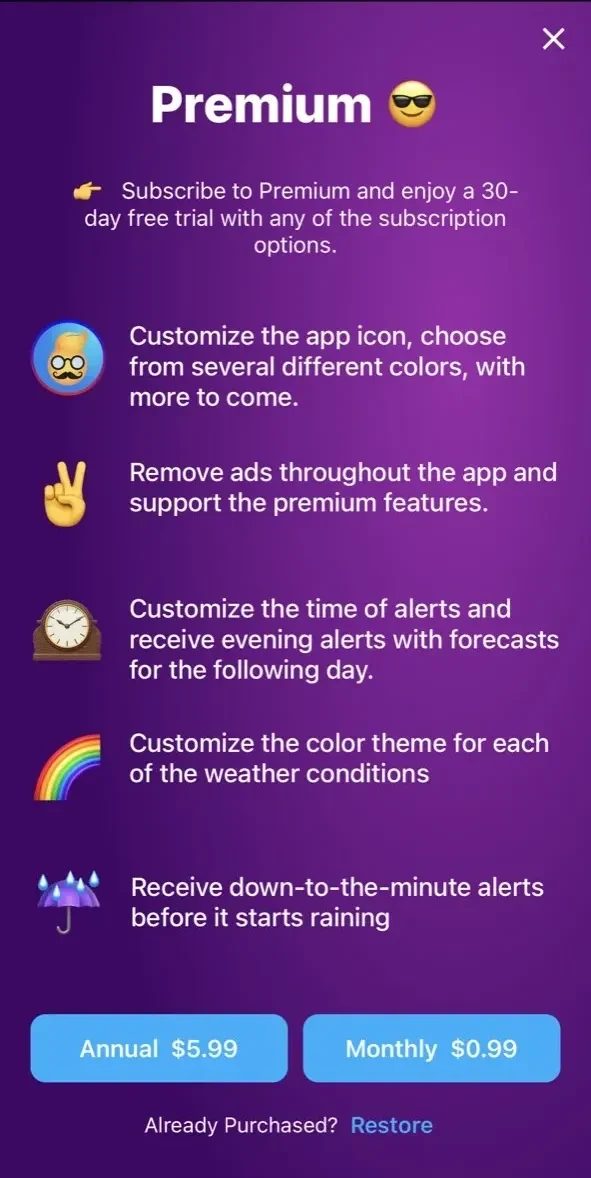 Weather Hippie paywall screen