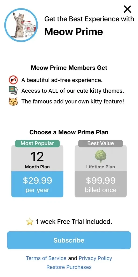 Weather Kitty paywall screen