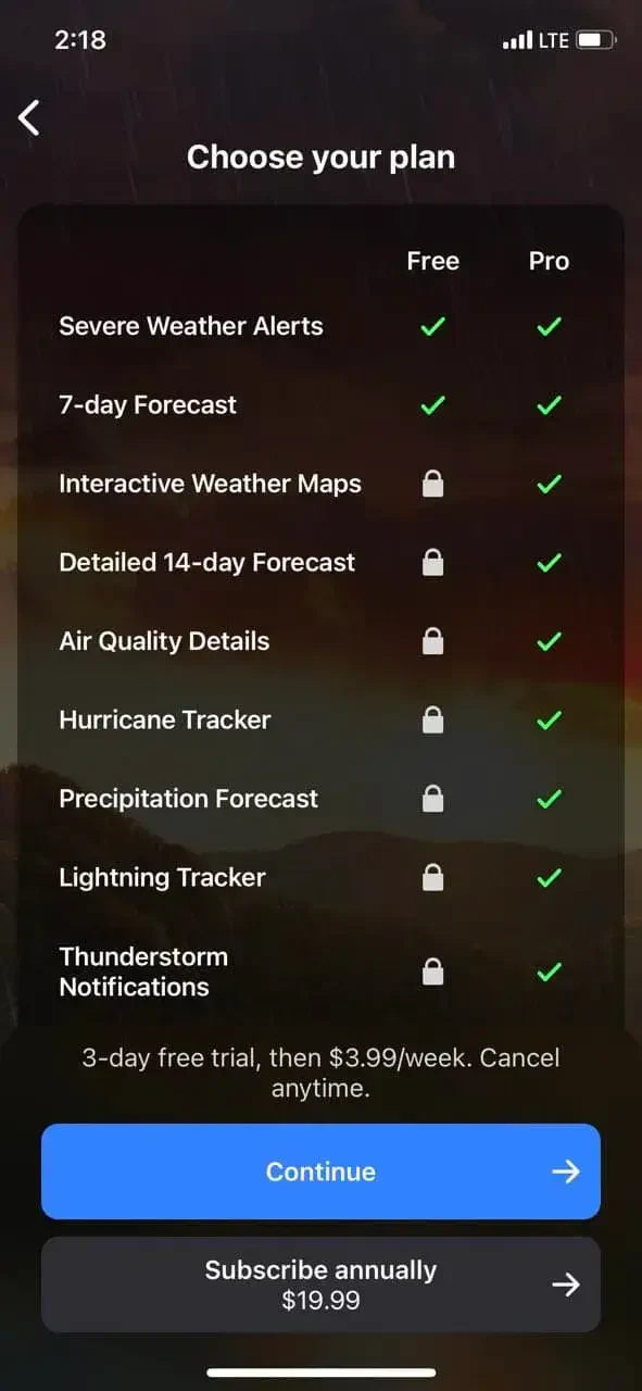 Weather Live° paywall screen