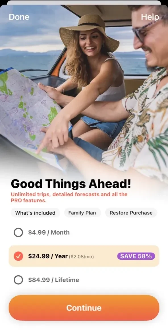 Weather on the Way paywall screen