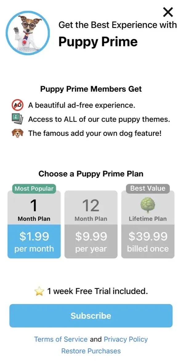 Weather Puppy Forecast paywall screen