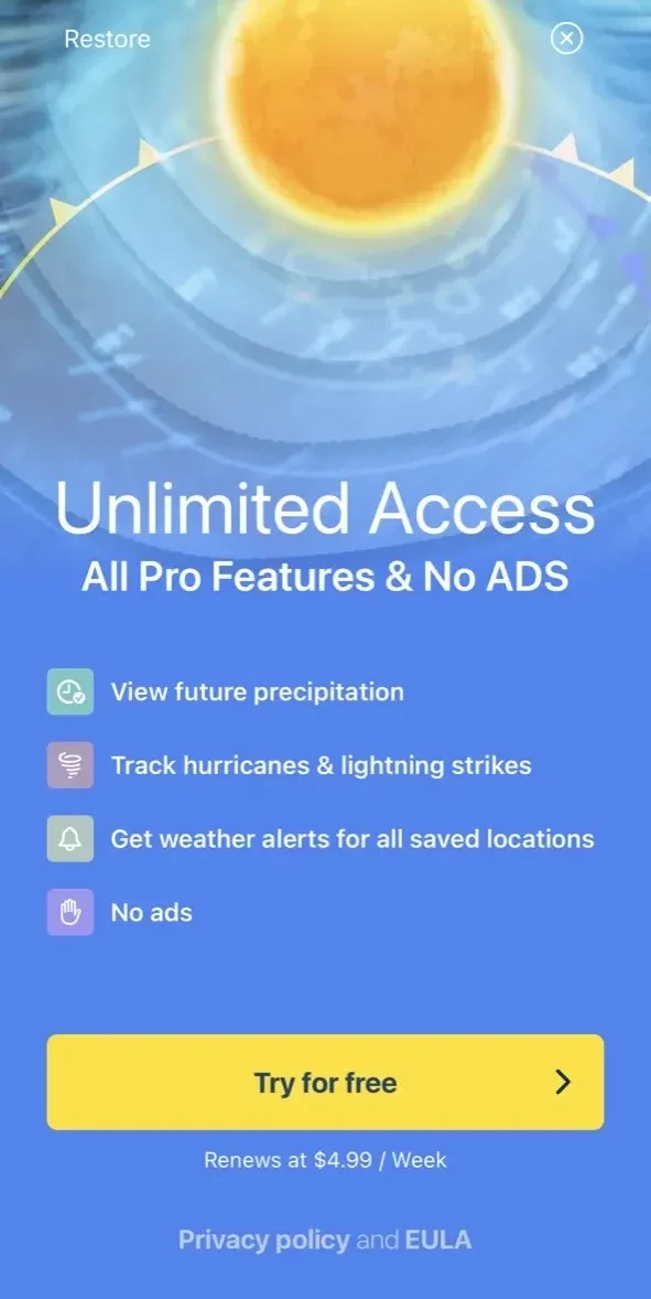 Weather Radar Live Temperature paywall screen